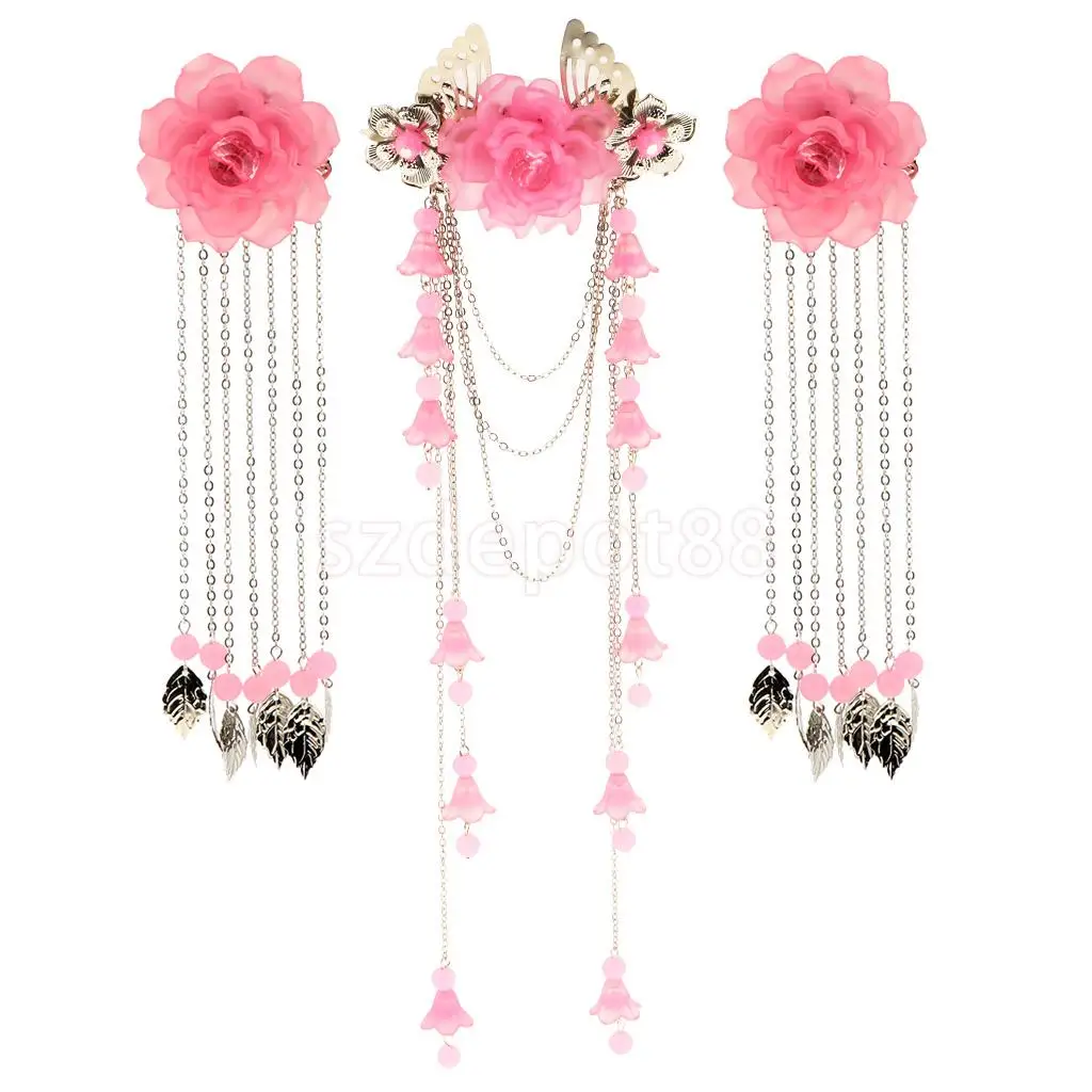 3 Pieces Costume Classic Flower Hair Clip Tassel Hair Barrette for Hanfu COS Hair Ornaments