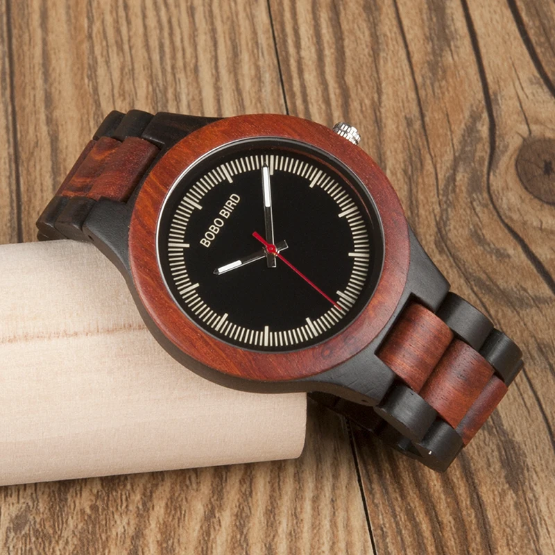BOBO BIRD WO01O02 Wood Watch Ebony RedWood Pine Wooden Watches for Men Two-tone Wood Quartz Watch with Tool for Adjusting Size 14