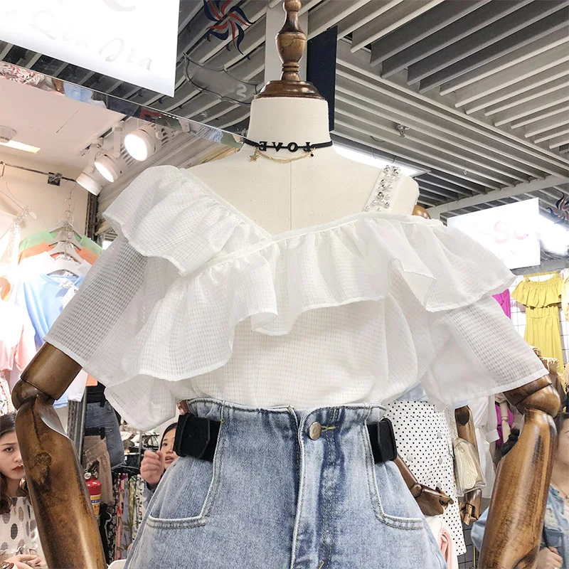 2019 Spring and Summer Shoulder-exposed Shirts Flounced Short Sleeve Shirts elegant women shirts Streetwear Solid
2019 Spring and Summer Shoulder-exposed Shirts Flounced Short Sleeve Shirts elegant women shirts Streetwear Solid