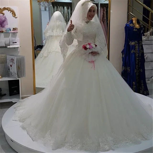Фото KSD730 Дубай Белый Бальное платье Свадебные платья С Длинным Рукавом Высокая Шея