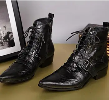 Mens Black Leather Boots Fashion Designer Lacing Up Buckle Strap Pointed Toe Short Motorcycle Boots Men EU38-46 
Mens Black Leather Boots Fashion Designer Lacing Up Buckle Strap Pointed Toe Short Motorcycle Boots Men EU38-46