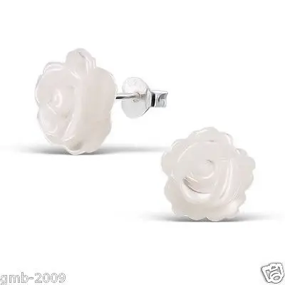 New 12mm Beautiful White Shell Rose Flower 925 Sterling Silver Stud Earrings
