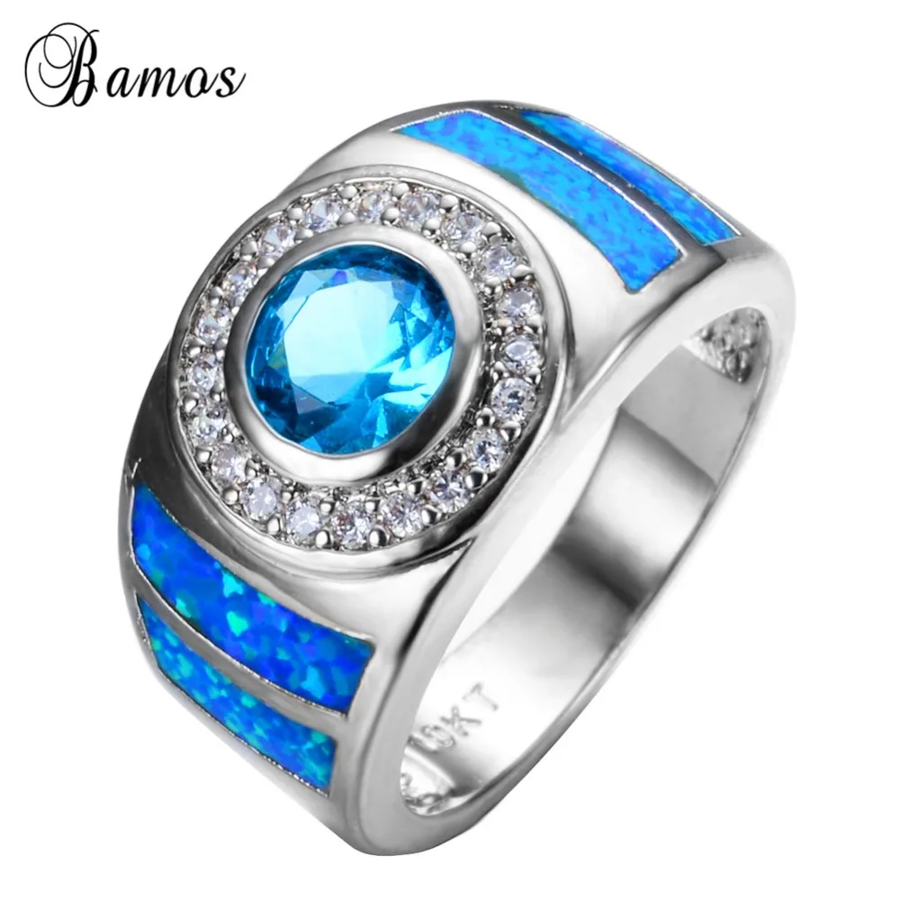 Фото Bamos Vintage White Gold Filled Geometric Ring Luxury Blue Fire Opal Cocktail Crystal Jewelry Wedding Bands For Couples | Украшения и