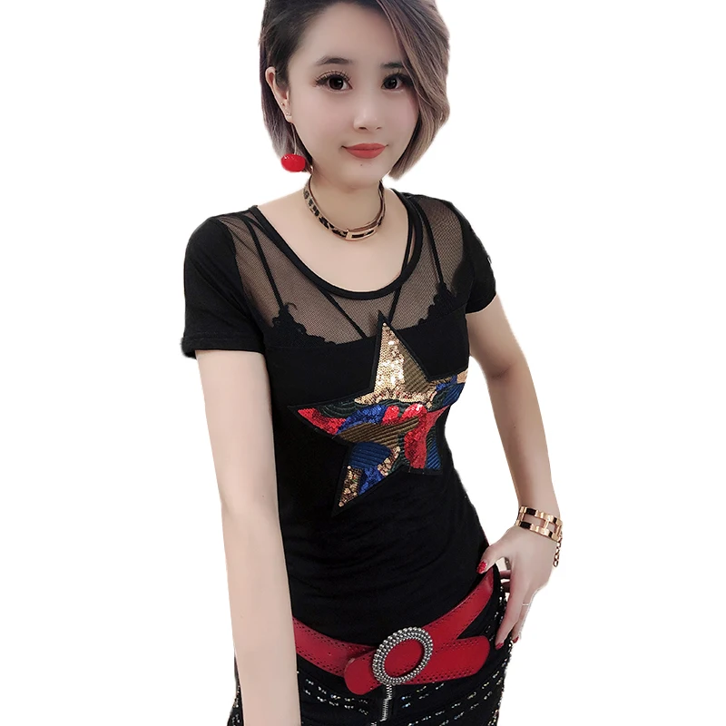 Sexy Mesh Pullover Tshirt Sequined Star 2019 Summer Women Short Sleeve Hollow Out Slim Top Shirt Clothes Camiseta Mujer T93729
Sexy Mesh Pullover Tshirt Sequined Star 2019 Summer Women Short Sleeve Hollow Out Slim Top Shirt Clothes Camiseta Mujer T93729