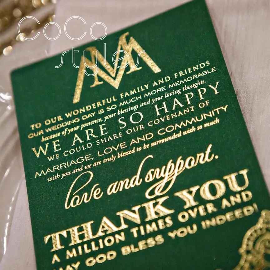 Cocostyles personalized exquisite green menu with gold foiling printing for wedding party menu card invitation card
Cocostyles personalized exquisite green menu with gold foiling printing for wedding party menu card invitation card