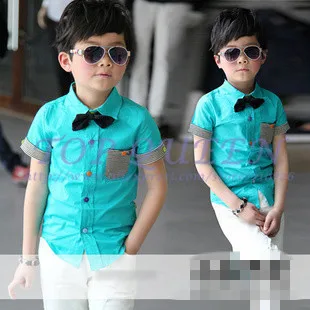 Boys summer short-sleeved shirt tie color buckle cotton children wholesale Free shipping5sets/lot(100-140) | Мать и ребенок