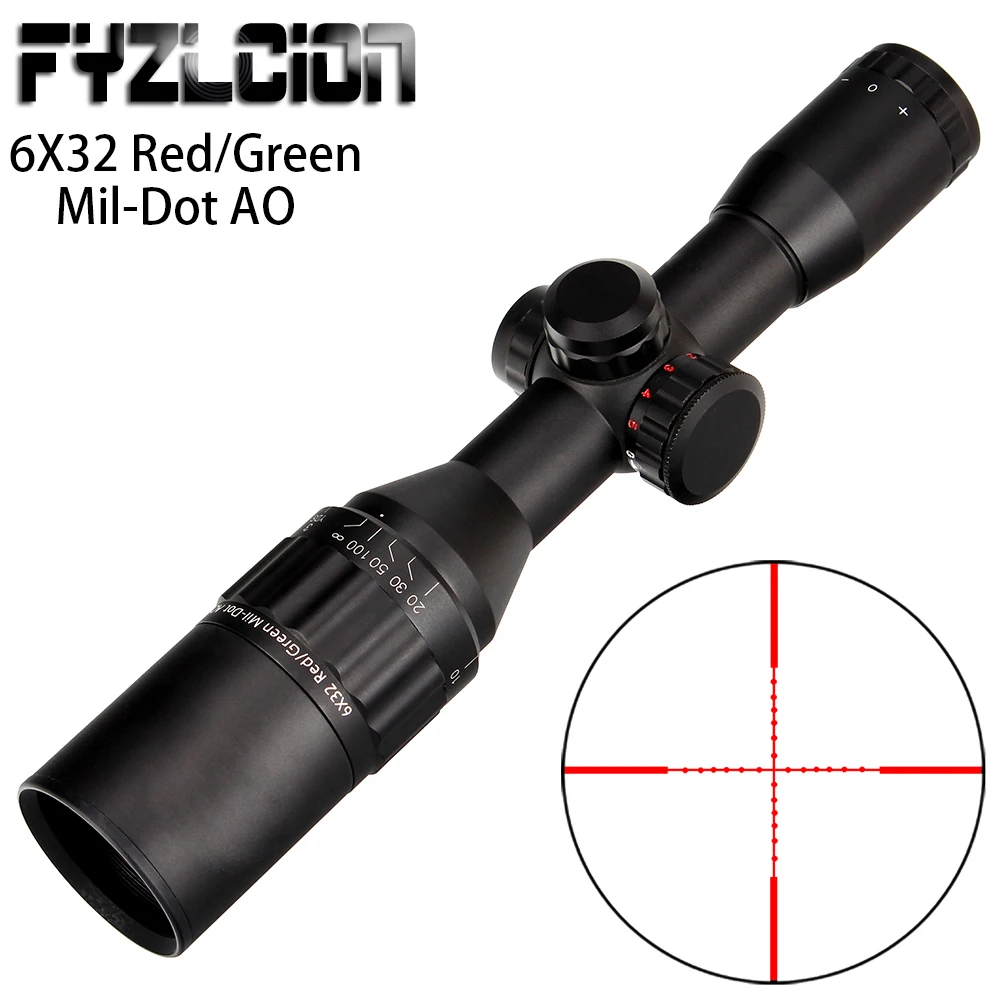 Hunting Tactical 6x32 AO Mini Mil-Dot Double Color Illuminated Reticle Riflescope Tactical Optical Sight Rifle Scope
Hunting Tactical 6x32 AO Mini Mil-Dot Double Color Illuminated Reticle Riflescope Tactical Optical Sight Rifle Scope