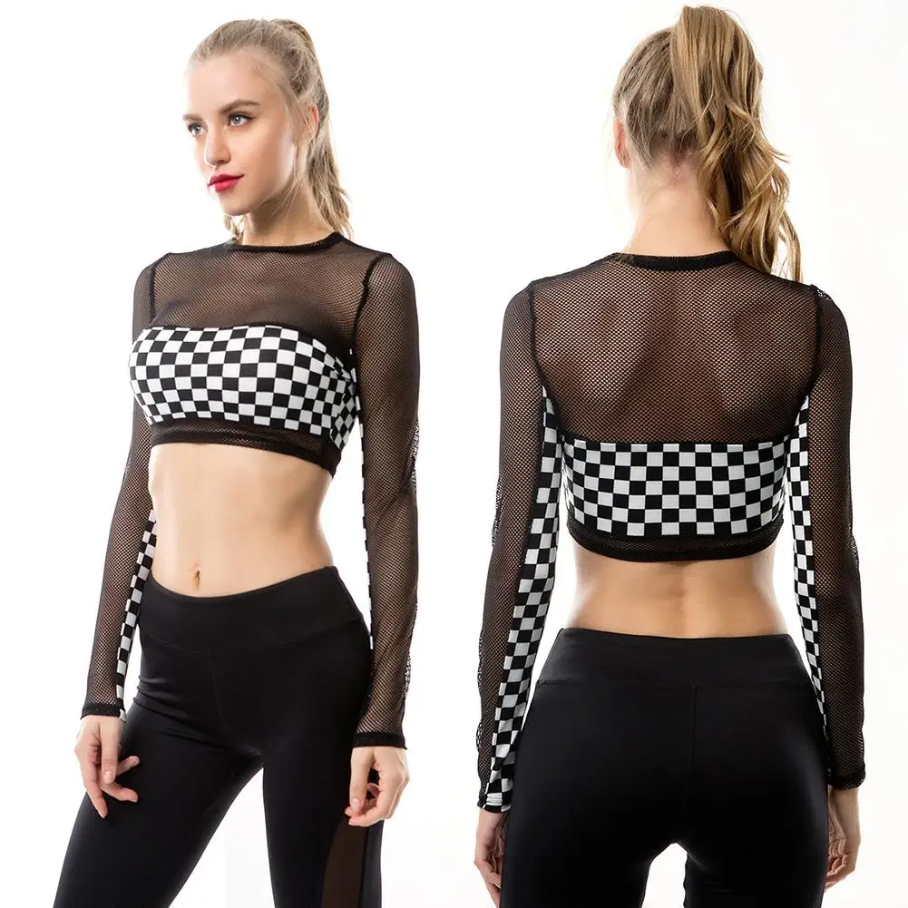 New Black&White Plaid Sexy Perspective Long Sleeved Yoga Fitness T-shirt Tight-fitting Midriff Mesh Piecing Sportswear Tops
New Black&White Plaid Sexy Perspective Long Sleeved Yoga Fitness T-shirt Tight-fitting Midriff Mesh Piecing Sportswear Tops