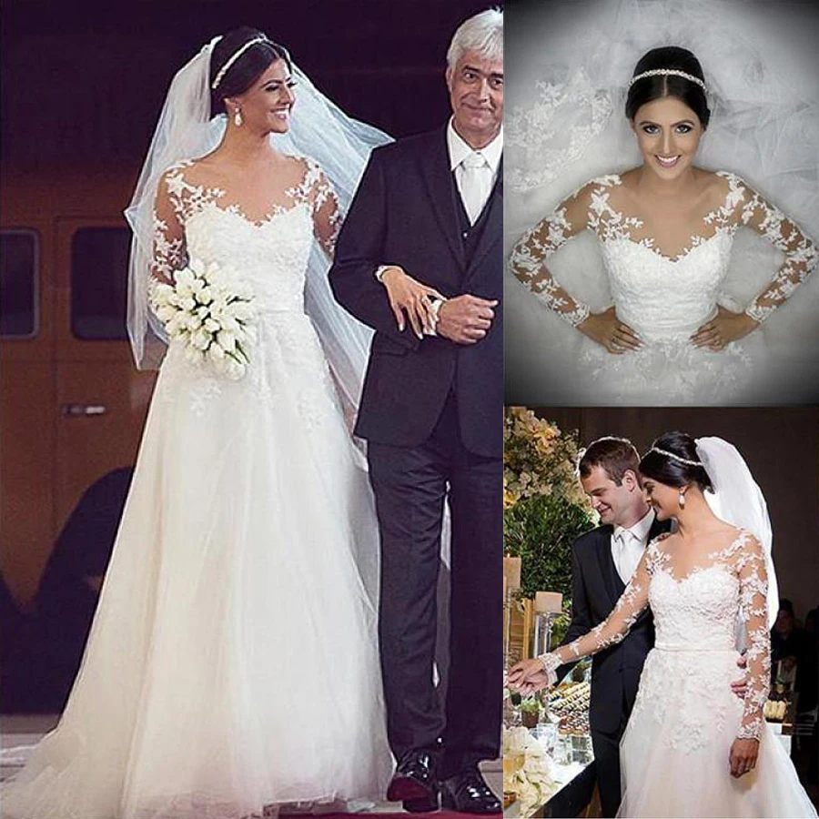 Brilliant Tulle Jewel Neckline A-line Wedding Dresses With Beaded Lace Appliques & Bowknot Long Sleeves Bridal Dresses
Brilliant Tulle Jewel Neckline A-line Wedding Dresses With Beaded Lace Appliques & Bowknot Long Sleeves Bridal Dresses