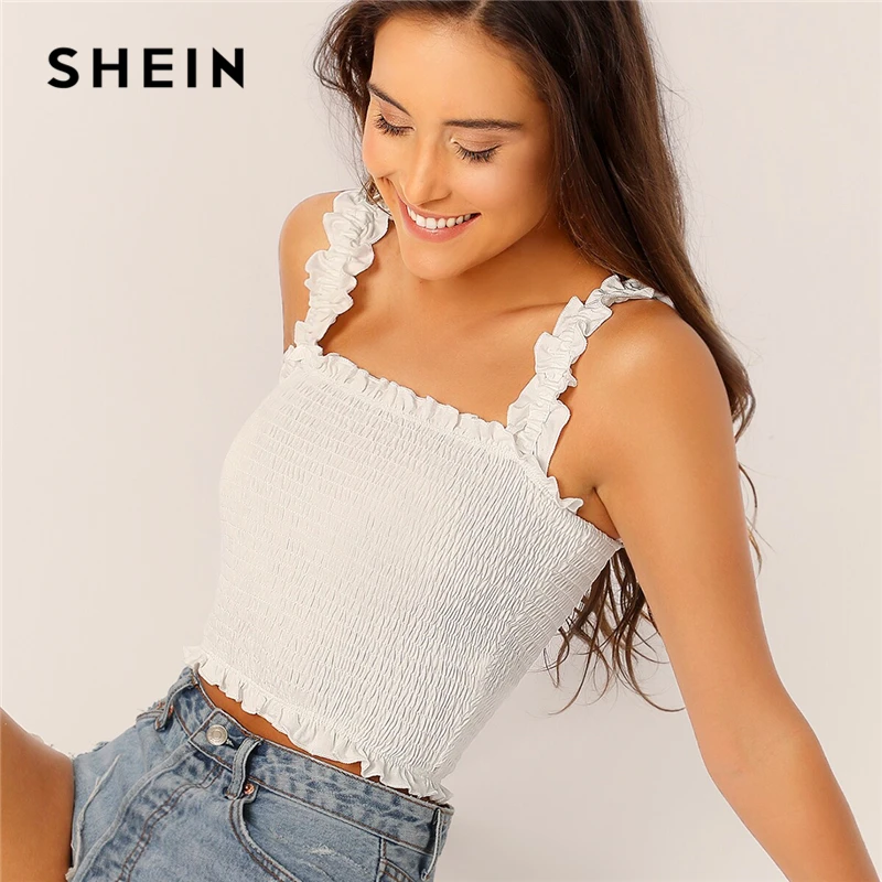 

SHEIN Frill Trim Crop Shirred Top Women Clothes 2019 Boho Stretchy Tank Tops Slim Fit Solid White Red Summer Vest Tops