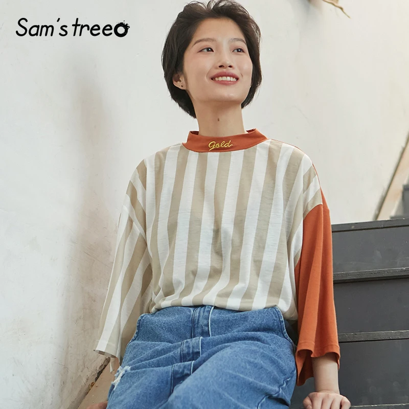 Samstree Summer Women T-shirts Striped Patchwork Female Tees Collar Letter Embroidery Drop-shoulder Tops Three Quarter Sleeve
Samstree Summer Women T-shirts Striped Patchwork Female Tees Collar Letter Embroidery Drop-shoulder Tops Three Quarter Sleeve
