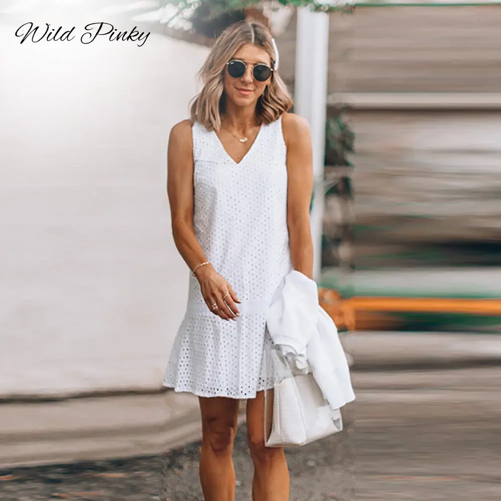 

WildPinky Summer Women Lace Sexy Dress Sleeveless Causal V-neck White Cotton Mini Dresses Hollow Out Short Dress Vestidos