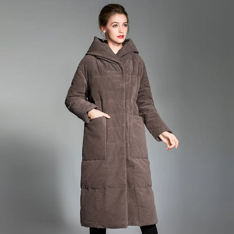 Winter New Down Jacket Corduroy Long White Duck Down Ms Jackets Thick Warm Overcoat Korean Brand Coat female Hooded Big Pocket (1)