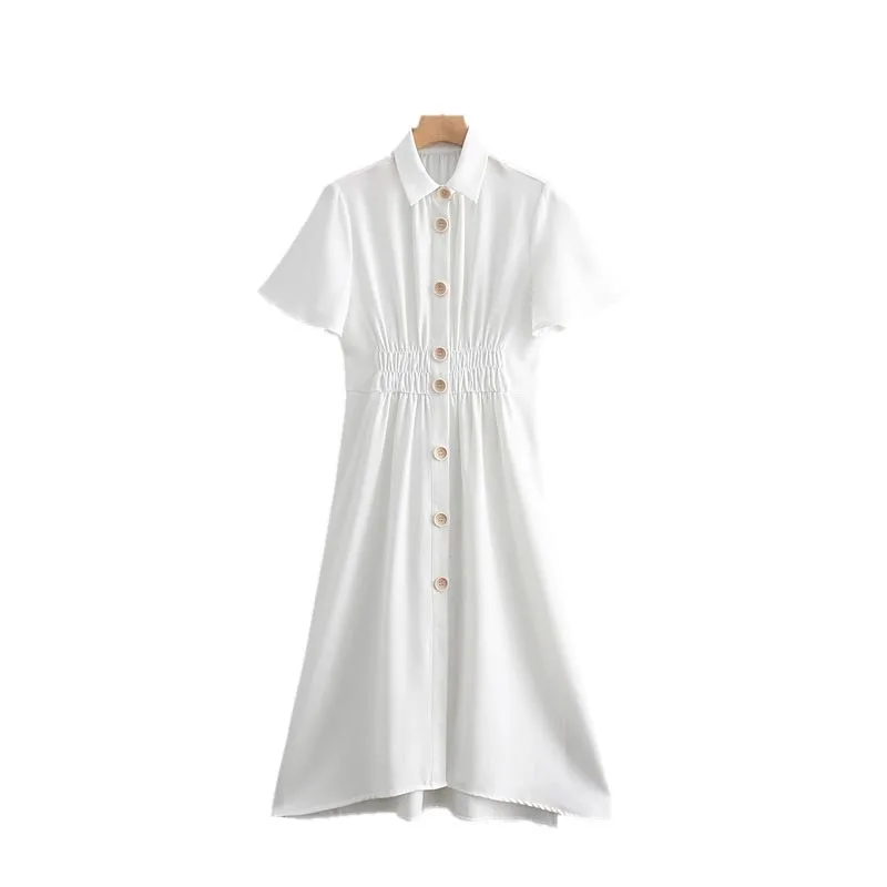 QZ940 New Fashion Women Turn Down Collar Elastic Waist Buttons Deco White Dress Office Lady Elegant Mid Long Dresses
QZ940 New Fashion Women Turn Down Collar Elastic Waist Buttons Deco White Dress Office Lady Elegant Mid Long Dresses