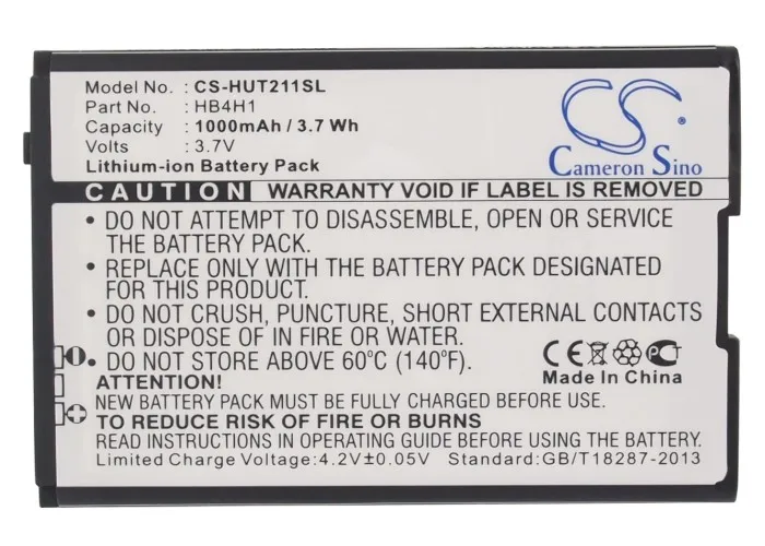 Cameron Sino High Quality 1000mAh Battery HB4H1 for Huawei G6600, G6603, G6608, T1600, T2211, T2251, T2281
Cameron Sino High Quality 1000mAh Battery HB4H1 for Huawei G6600, G6603, G6608, T1600, T2211, T2251, T2281