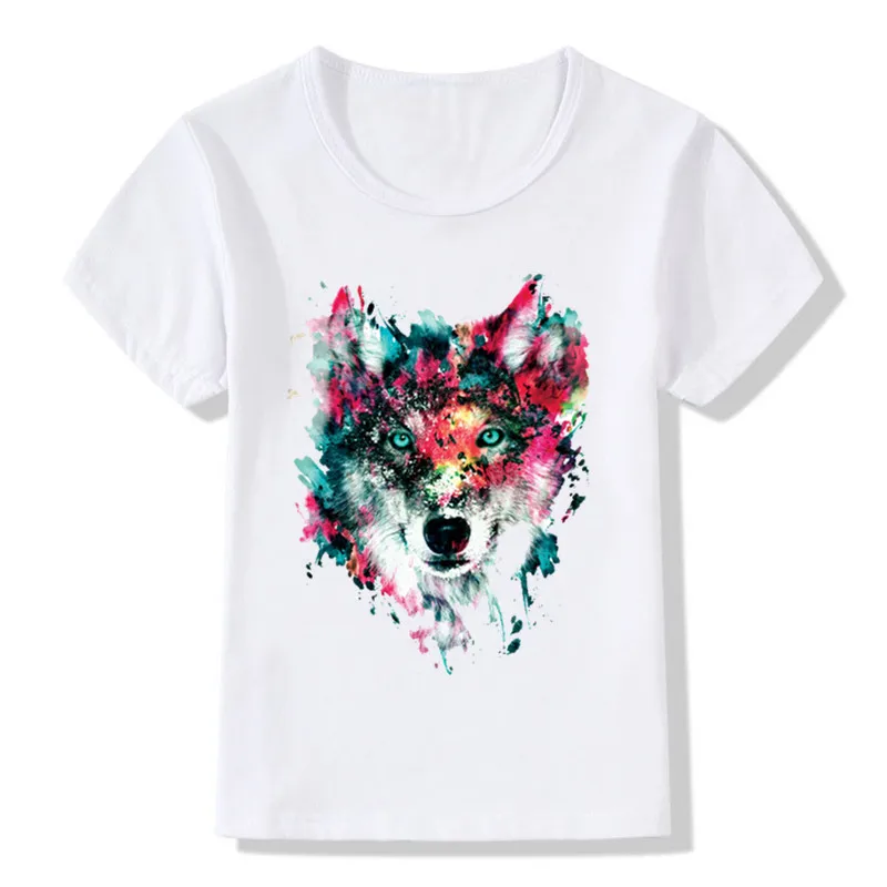 Детская забавная футболка с акварельным принтом волка летние топы для мальчиков