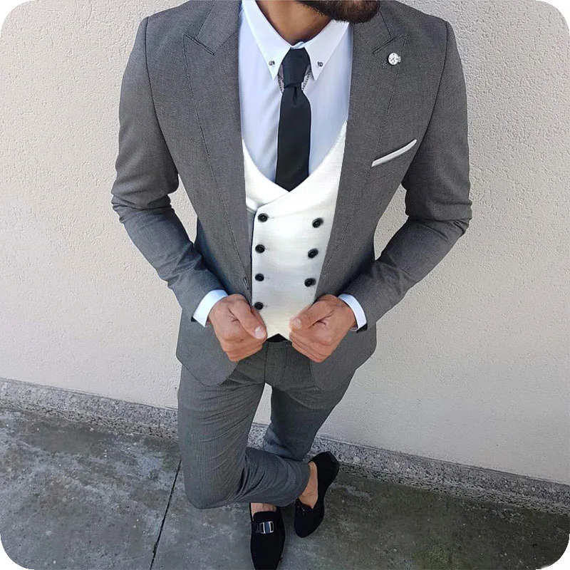 

3Piece Grey Men Suits Casual Business Slim Fit Wedding Tuxedo Custom Made Groom Wear Peaked Lapel Bridegroom Suits Costume Homme