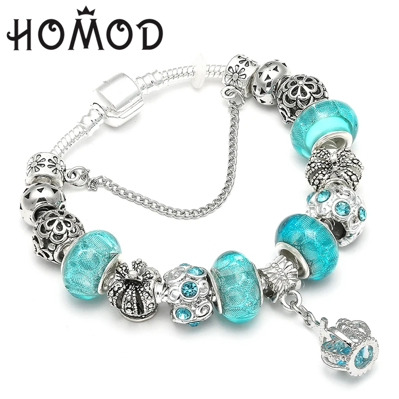 HOMOD 2019 New European Fashion Jewelry Crown Charm Bracelets & Bangles Blue Beads fits Brand for Woman | Украшения и