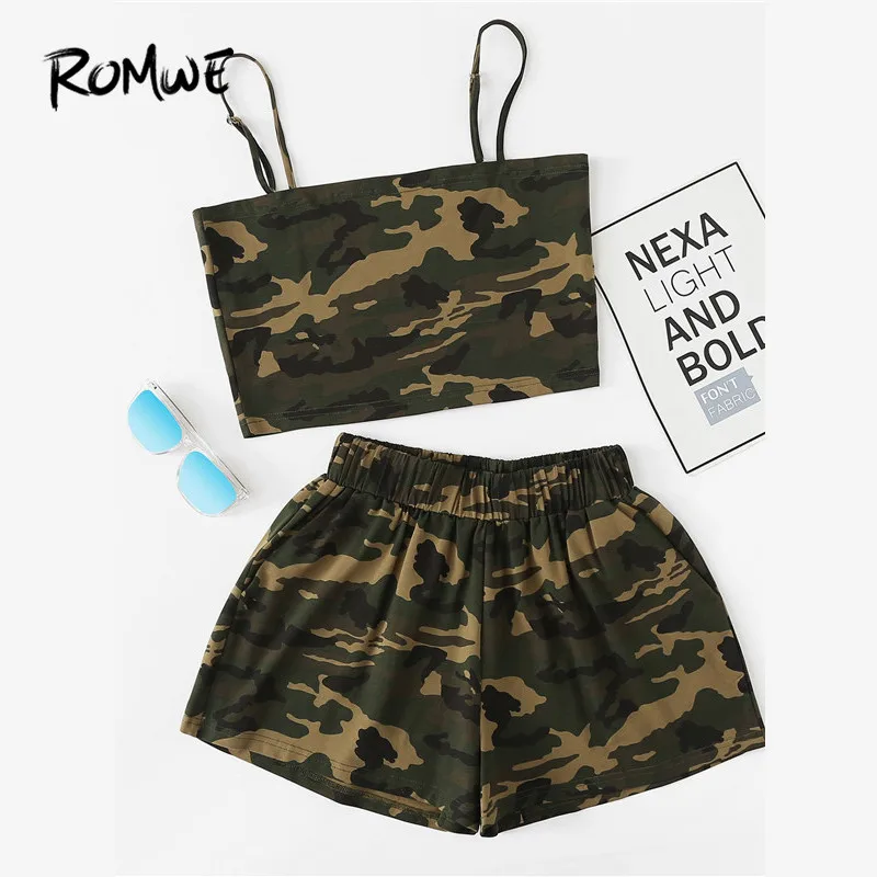 

ROMWE Camo Cami Utility Spaghetti Strap Top With Wide Leg Shorts Women Two-piece Sets Summer Streetwear Camouflage Co-ords