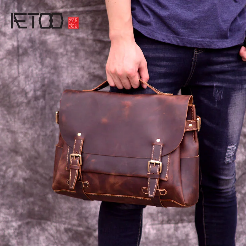 

AETOO New head cowhide Oblique cross bag, British Academy wind Postman Bag, leather retro men's handheld shoulder bag