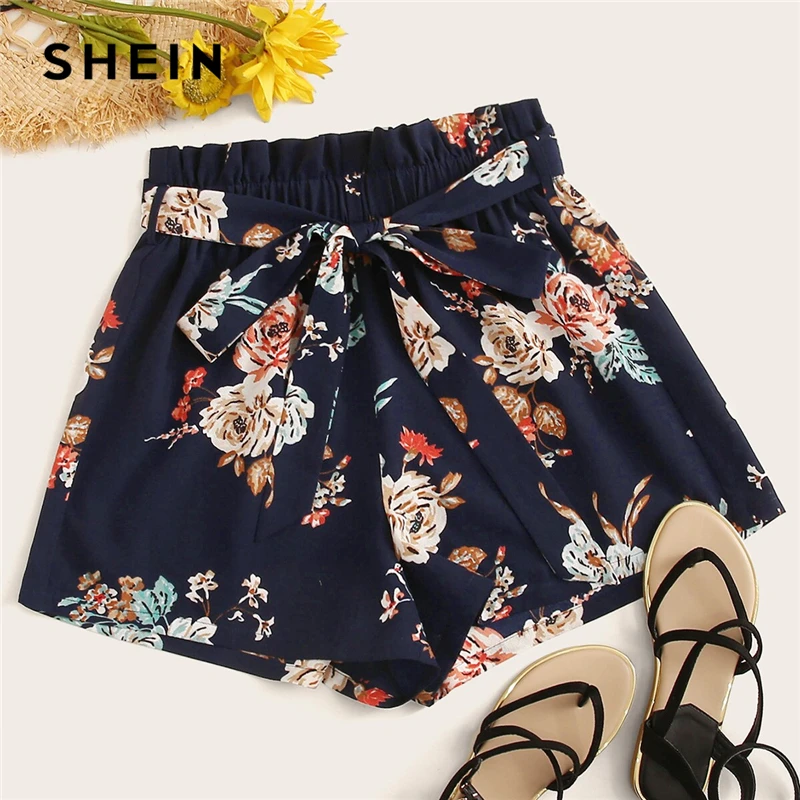 

SHEIN Paperbag Waist Floral Print Belted Shorts 2019 Navy Boho High Waist Elastic Waist Women Wide Leg Loose Summer Shorts