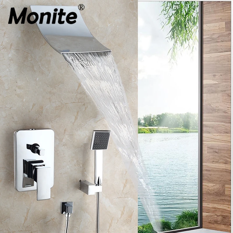 

Monite Waterfall Shower Faucet Set Hand Spray Chrome Finish Wall Mount Shower Mixer Taps Solid Brass Bathtub Shower Faucet Set