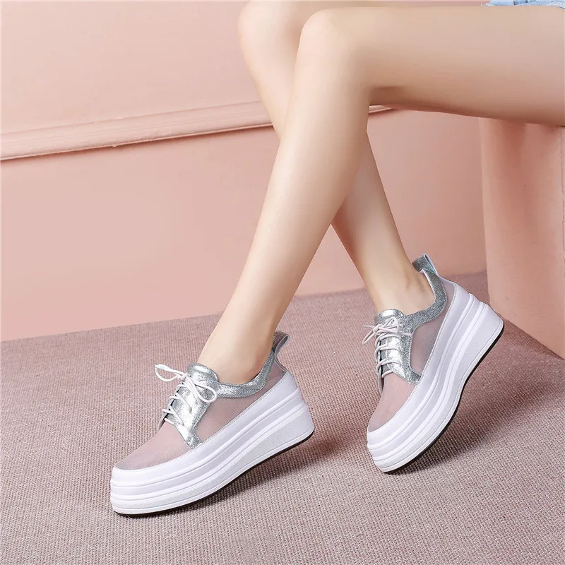 Фото YMECHIC 2019 Fashion Summer Women Flat Shoes Pink Blue Air Mesh Sheepskin Real Leather Lace Up Platform Flats Plus Size | Обувь