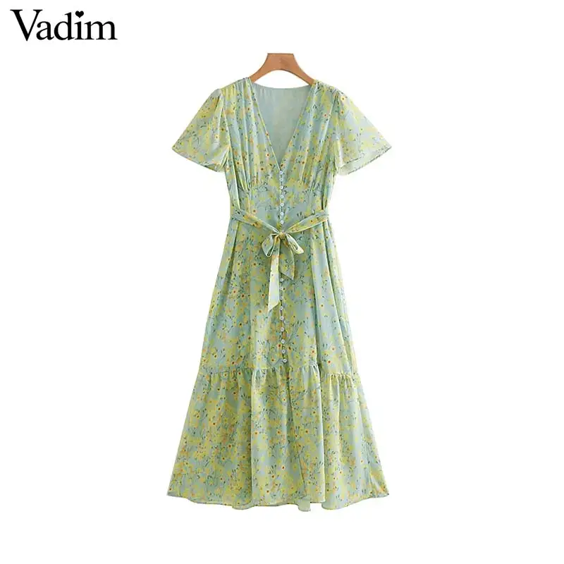 Vadim women floral print dress sexy V neck sashes pleated cute button A line ankle length casual female dress vestidos QB826
Vadim women floral print dress sexy V neck sashes pleated cute button A line ankle length casual female dress vestidos QB826