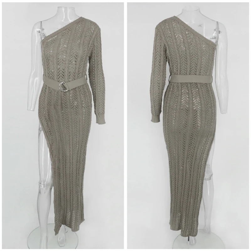 One Shoulder Long Sleeve High Split Sweater Dress
