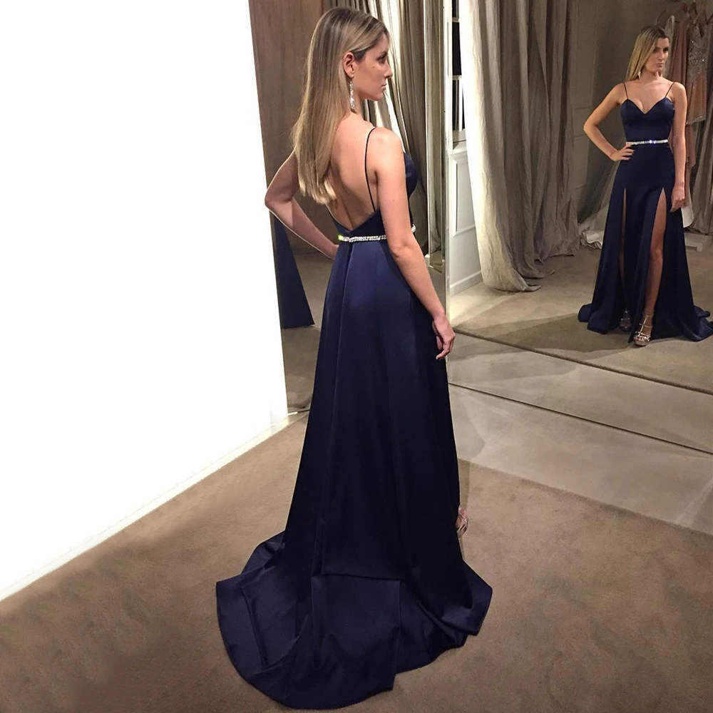 Custom Made Navy Blue Satin Prom Dresses Backless High Split Spaghetti Strap Sexy Evening Gown 2019 New Women Wedding Party Gown
Custom Made Navy Blue Satin Prom Dresses Backless High Split Spaghetti Strap Sexy Evening Gown 2019 New Women Wedding Party Gown