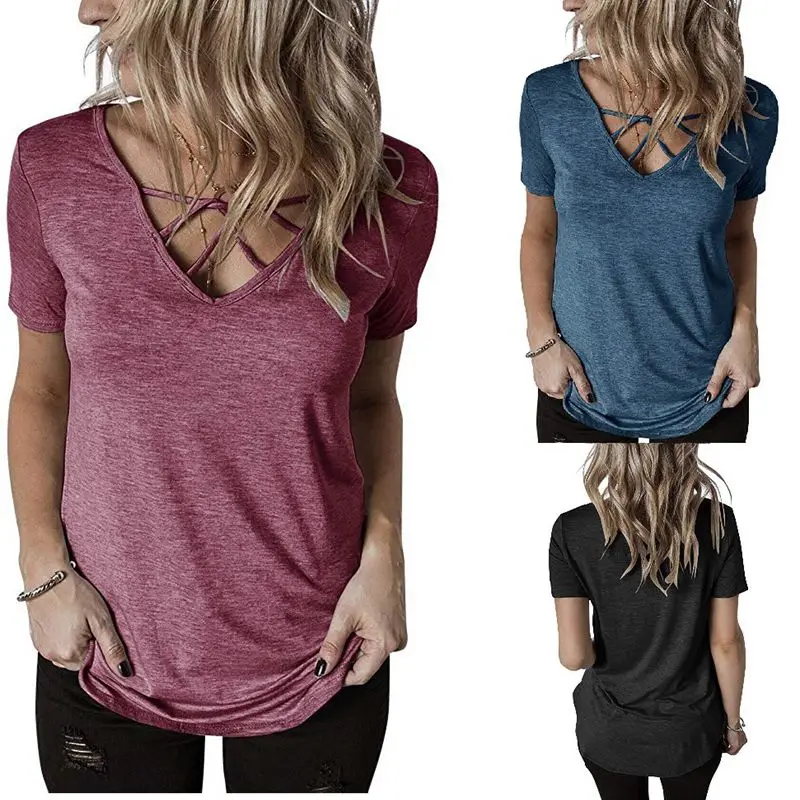 Women Clothes 2019 Summer Short Sleeve T Shirt Criss Cross V Neck Tshirt Ladies Tops Loose Tee Shirts Camisas Feminina
Women Clothes 2019 Summer Short Sleeve T Shirt Criss Cross V Neck Tshirt Ladies Tops Loose Tee Shirts Camisas Feminina