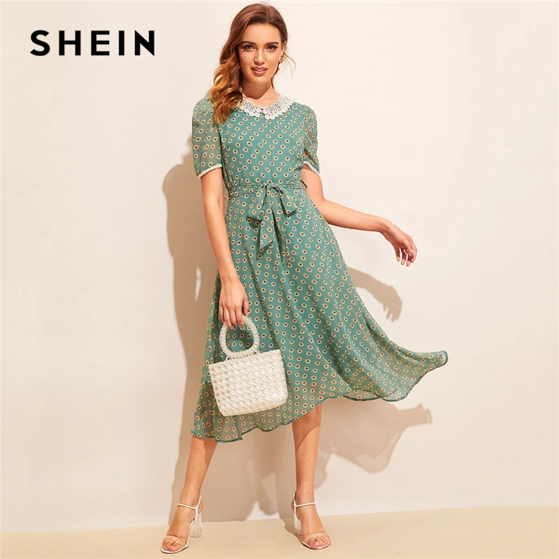 

SHEIN Allover Sunflower Print Lace Trim Belted Dress 2019 Green Vintage Women Short Puff Sleeve Peter Pan Collar Summer Dresses