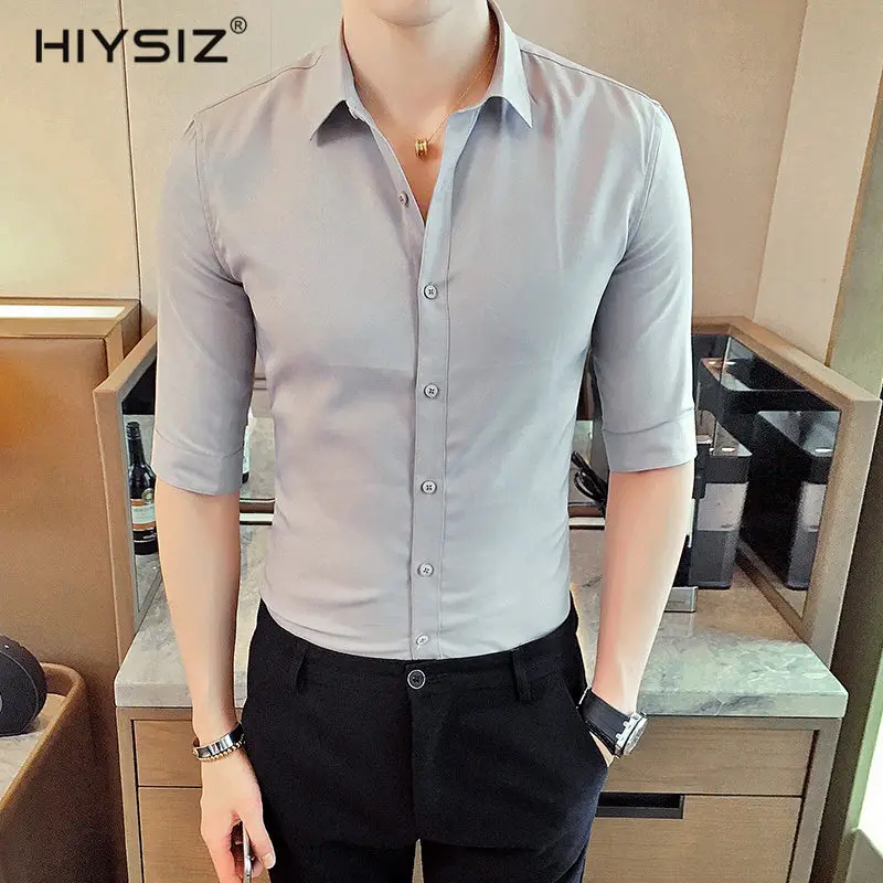 HIYSIZ New Men Shirts 2019 Summer fashion trend men wear British three-quarter sleeve shirt slim solid short sleeve shirt ST430
HIYSIZ New Men Shirts 2019 Summer fashion trend men wear British three-quarter sleeve shirt slim solid short sleeve shirt ST430