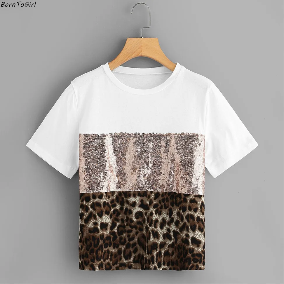 BornToGirl 2019 Summer Autumn Casual Snake Leopard Sequin Stitching T Shirt Women Short Sleeve Round Neck Black T-Shirt
BornToGirl 2019 Summer Autumn Casual Snake Leopard Sequin Stitching T Shirt Women Short Sleeve Round Neck Black T-Shirt