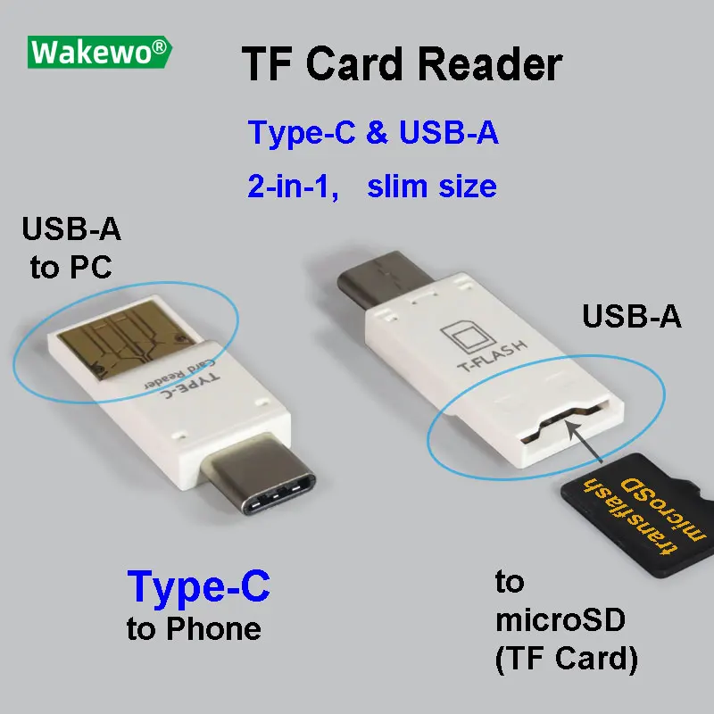 WAKEWO Type-C USB micro SD TF Card reader 2-in-1 Type-C and USB A for smart mobile phone and PC computer
WAKEWO Type-C USB micro SD TF Card reader 2-in-1 Type-C and USB A for smart mobile phone and PC computer