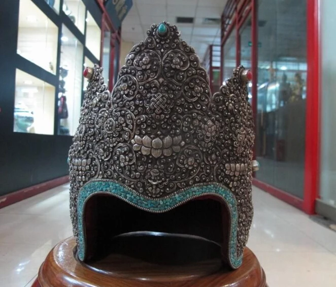 13"Tibet Buddhism Silver Turquoise Eight treasures Dragon Hat Helmet Headgear
13"Tibet Buddhism Silver Turquoise Eight treasures Dragon Hat Helmet Headgear
