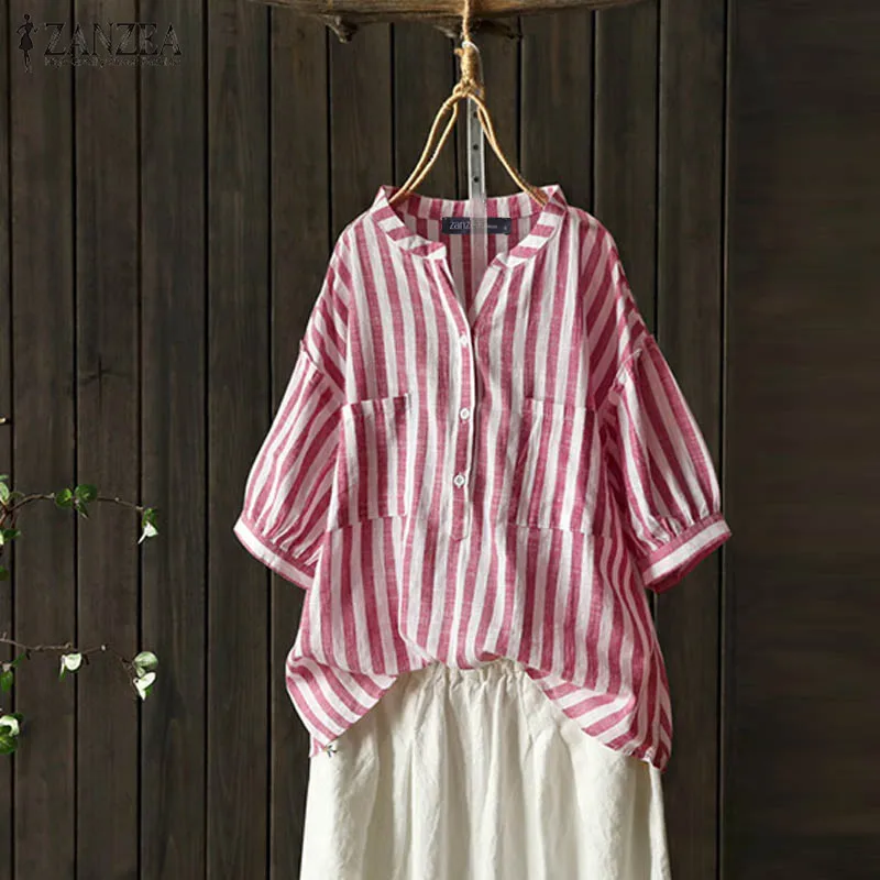 ZANZEA Summer Half Sleeve Cotton Linen Blouse Women V Neck Tunic Tops Femme Striped Shirt Robe Casual Vintage Blusas Plus Size
ZANZEA Summer Half Sleeve Cotton Linen Blouse Women V Neck Tunic Tops Femme Striped Shirt Robe Casual Vintage Blusas Plus Size