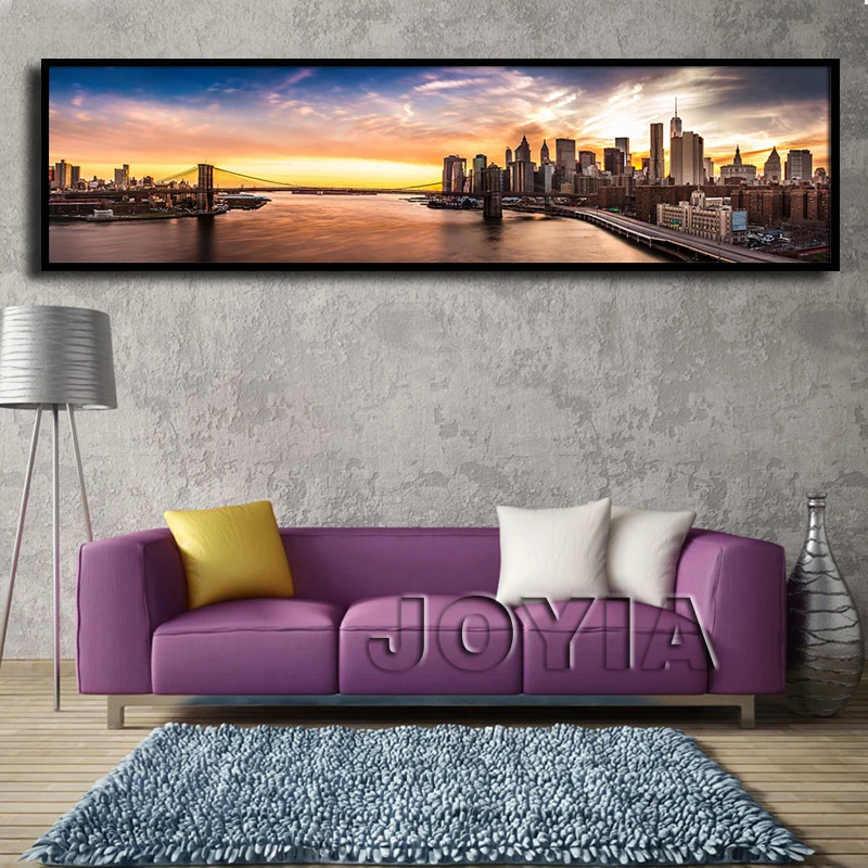 Image Large New York Wall Pictures Nightfall City Canvas Painting Home Decor Retro Brooklyn Bridge Panorama Modern Prints No Frame New