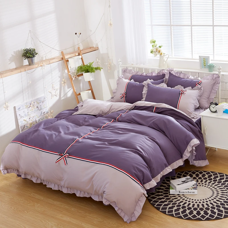 Purple and caffeine Bow tie lace Korean Princess 4pcs bedding set bedclothes Pillowcase Bed skirt Duvet Cover girl home textile 
Purple and caffeine Bow tie lace Korean Princess 4pcs bedding set bedclothes Pillowcase Bed skirt Duvet Cover girl home textile