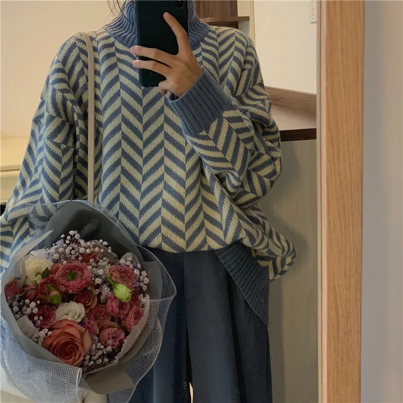 Свитер Lychee Женский с длинным рукавом и геометрическим узором в полоску | Женская