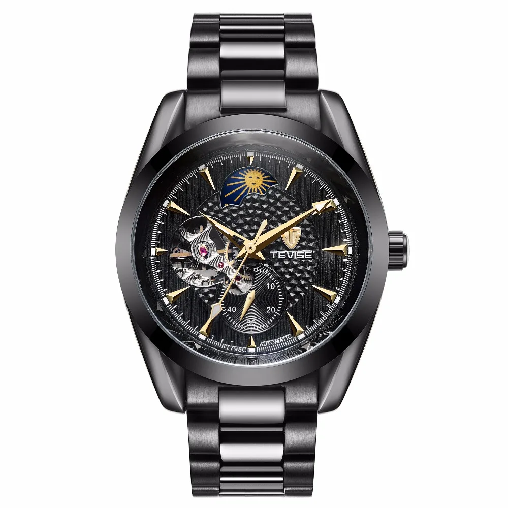 TEVISE Ретро стиль модные черные спортивные часы механические светящиеся стрелки