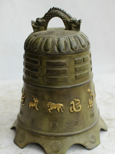 002282 8" Chinese temple Buddhism Bronze Gilt 12 Zodiac Year Dragon Tiger Zhong Bell | Дом и сад