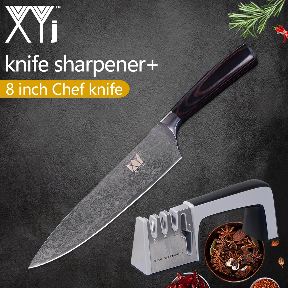 

XYj Stainless Steel Cooking Knife 8'' 7'' 5'' 3.5'' Chef Slicing Santoku Utility Paring Kitchen Knife 4 in 1 Knife Sharpener