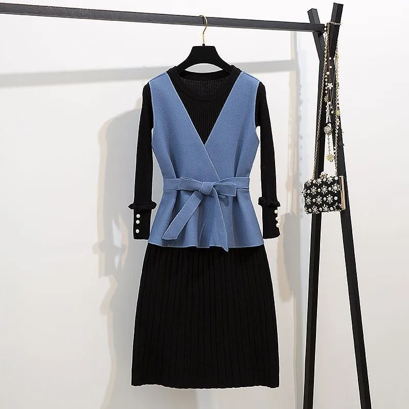 2019 New Spring Autumn Women Sweet Bow Sashes Slim Vest+A Line Knit Draped Dresses Suits Female Vintage Casual Party Sets Z342
2019 New Spring Autumn Women Sweet Bow Sashes Slim Vest+A Line Knit Draped Dresses Suits Female Vintage Casual Party Sets Z342