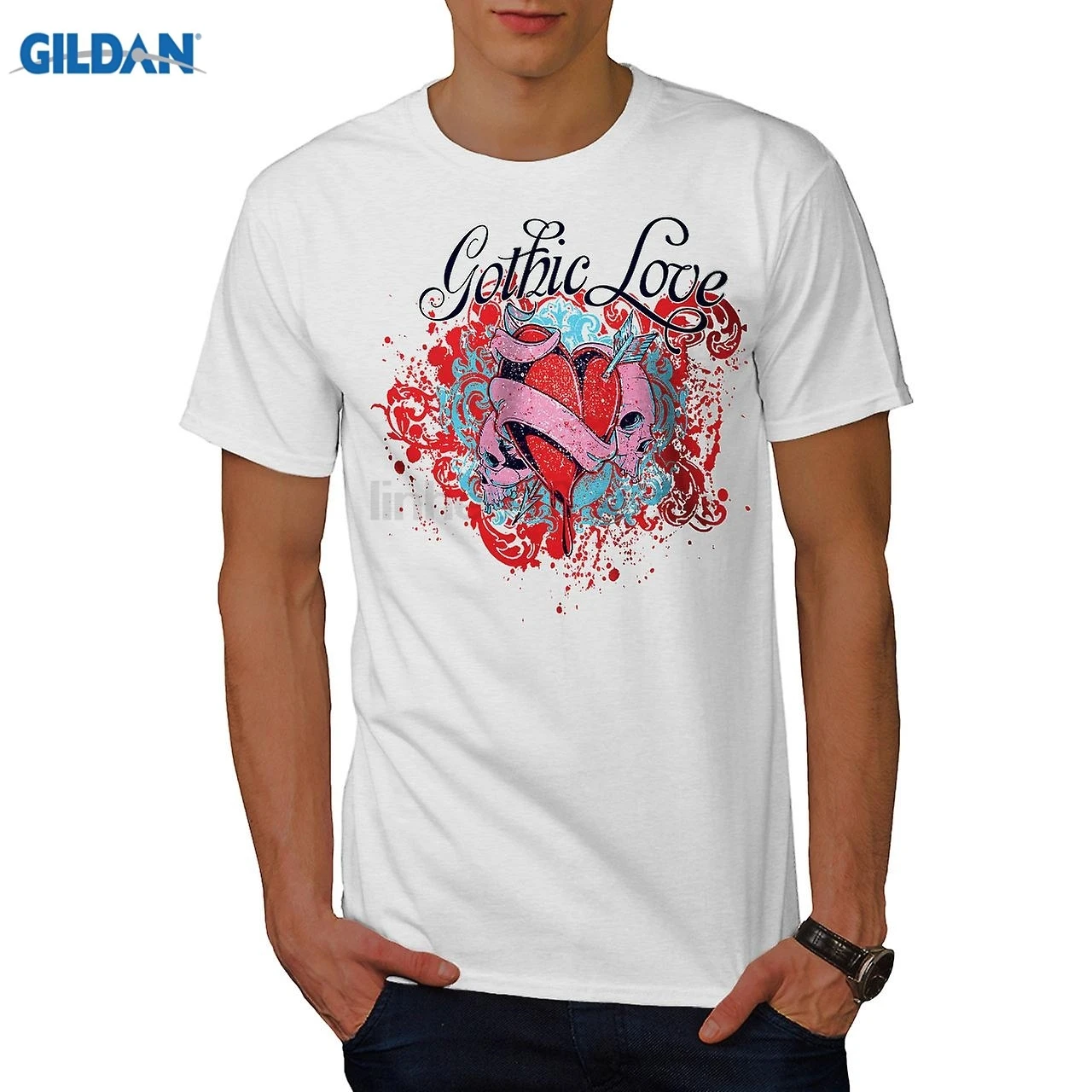 Футболка GILDAN Gothic Love Heart с черепом | Мужская одежда