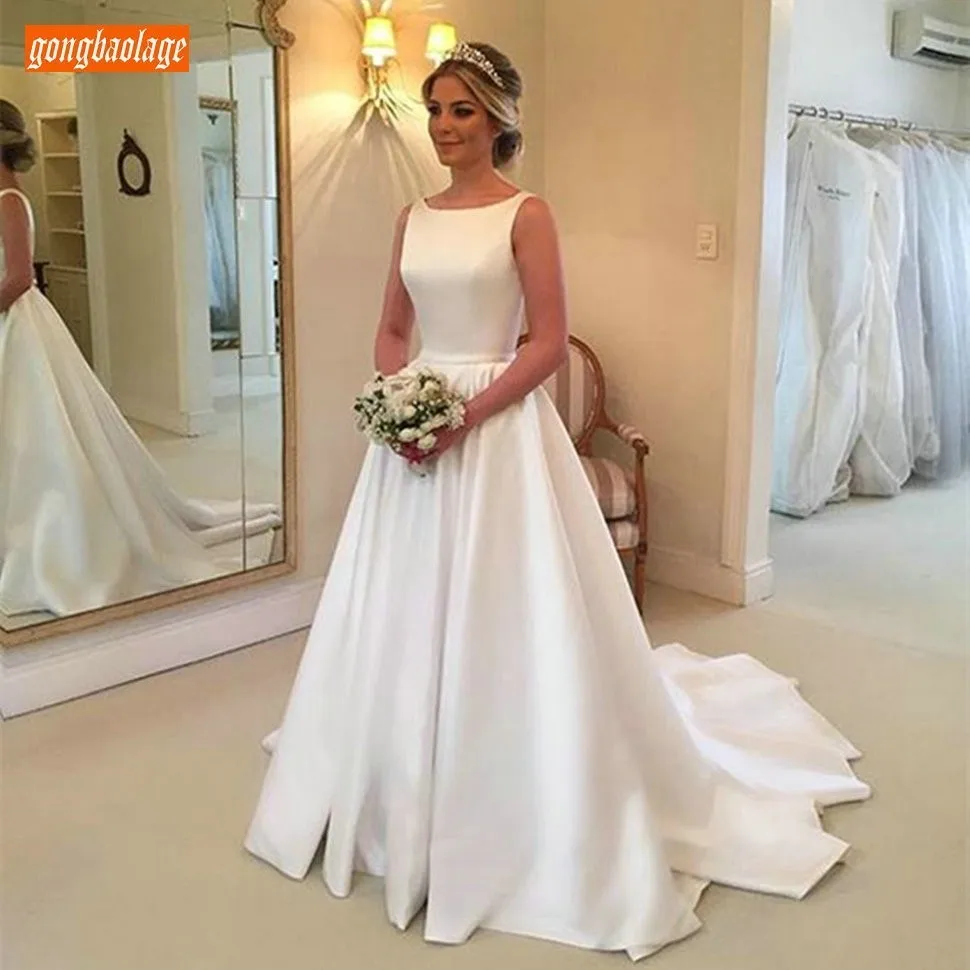 Gorgeous Satin White Wedding Dresses 2020 Sell Well A Line Sweep Train Backless Bridal Dress Simple Ivory Pageant Wedding Gowns
Gorgeous Satin White Wedding Dresses 2020 Sell Well A Line Sweep Train Backless Bridal Dress Simple Ivory Pageant Wedding Gowns