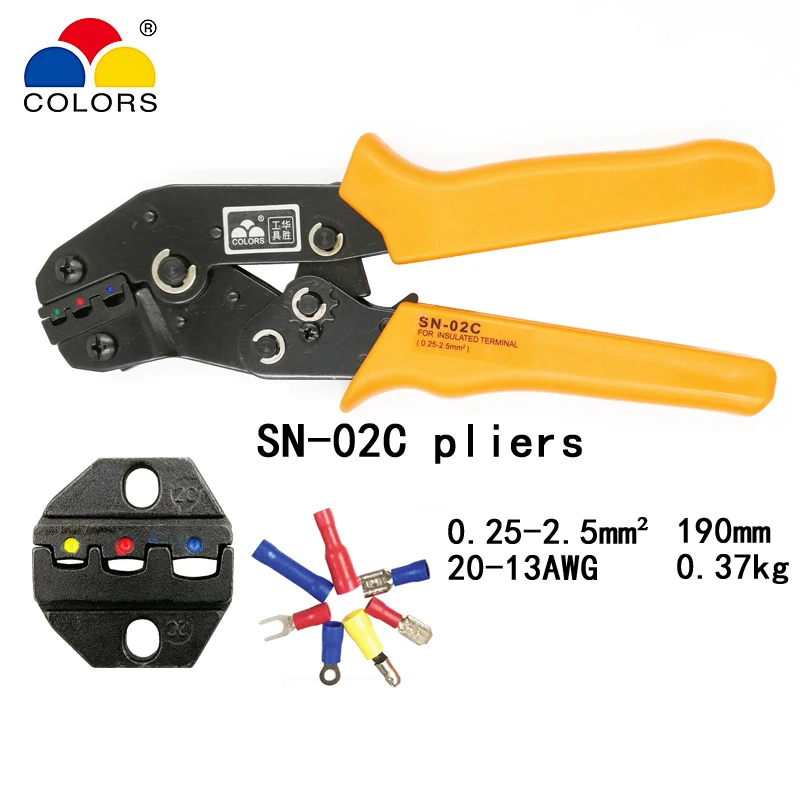 COLORS SN-02C crimping pliers 0.25-2.5mm2 23-13AWG european style for insulation terminal clamp self-adjusting hand tools
COLORS SN-02C crimping pliers 0.25-2.5mm2 23-13AWG european style for insulation terminal clamp self-adjusting hand tools