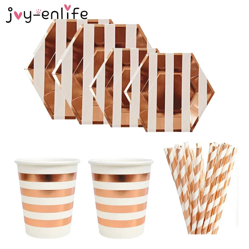 49pcs/set Rose Gold Disposable Tableware Striped Paper Plates Cups Straws Wedding Anniversary Party Birthday Decoration Supplies
49pcs/set Rose Gold Disposable Tableware Striped Paper Plates Cups Straws Wedding Anniversary Party Birthday Decoration Supplies