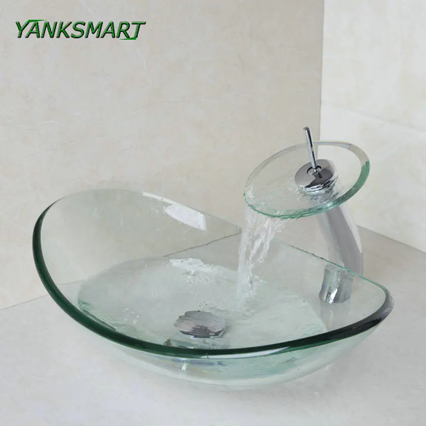 

YANKSMART Oval Transparemt Washroom Basin Vessel Vanity Sink Bathroom Mixer Tempered Glass Basin Washbasin Faucet Set w/ Drain