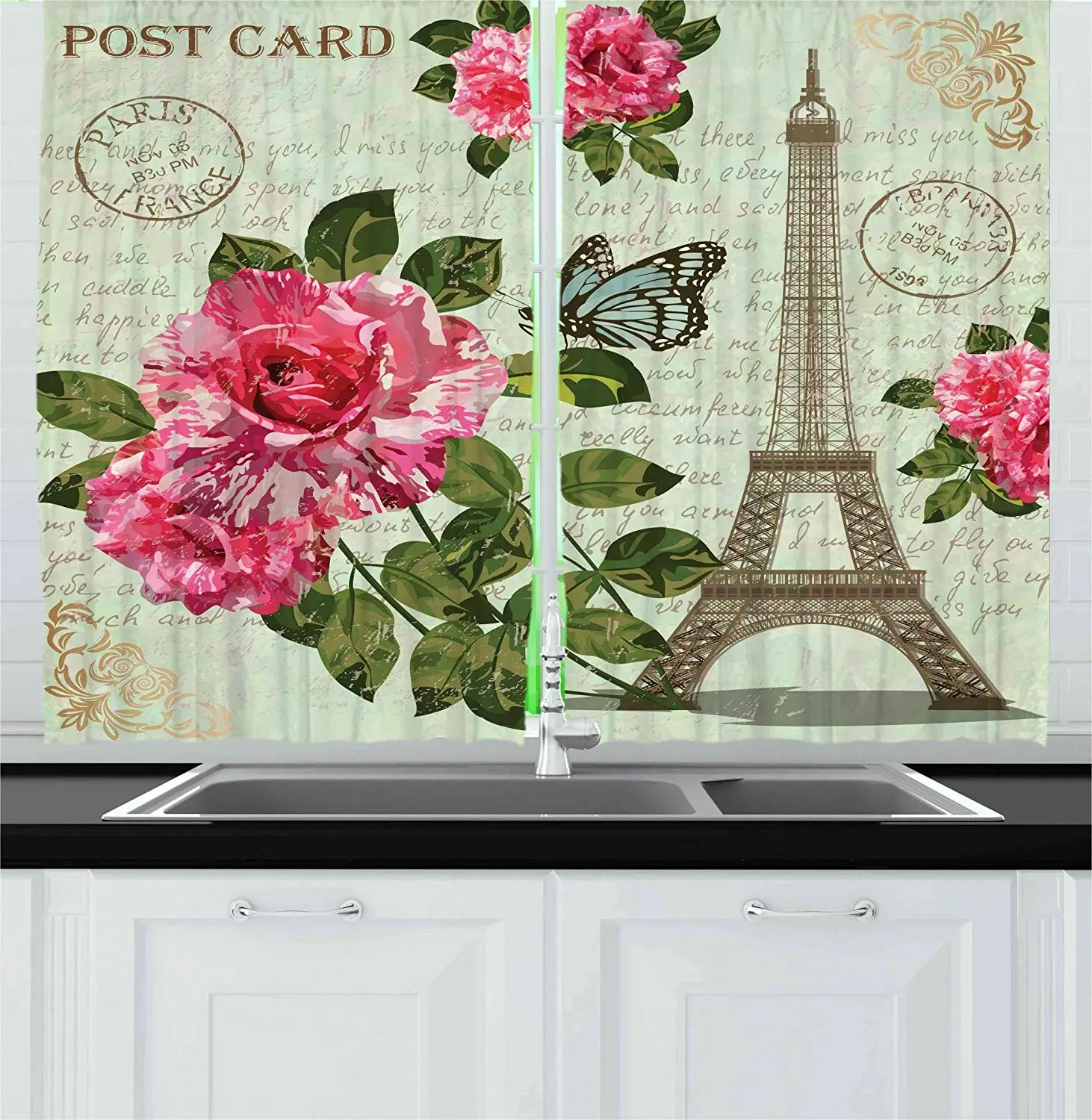 Paris Curtains Shabby Chic Romantic Roses Flowers Leaves with Eiffel Tower and Abstract Lettering Window Drapes for Living Room
Paris Curtains Shabby Chic Romantic Roses Flowers Leaves with Eiffel Tower and Abstract Lettering Window Drapes for Living Room